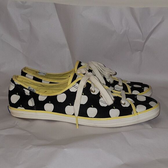 Kate Spade Keds Black Apple Print Lace Up Casual Champion Sneakers Women Size 10 - Picture 1 of 10